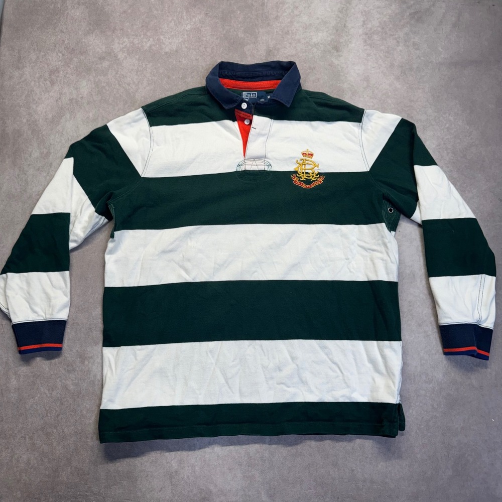 Polo Ralph Lauren Mens XL Green White Striped Crest Long Sleeve Rugby Shirt